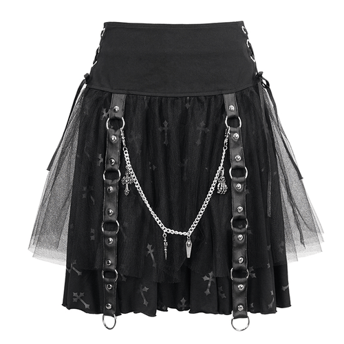 Dark Crosses Print Damenrock mit Taillenriemen / abnehmbarer Metallkette Punk Schwarzer Rock