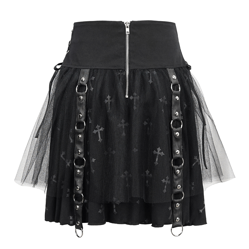 Dark Crosses Print Ladies Skirt With Waist Straps / Detachable Metal Chain Punk Black Skirt
