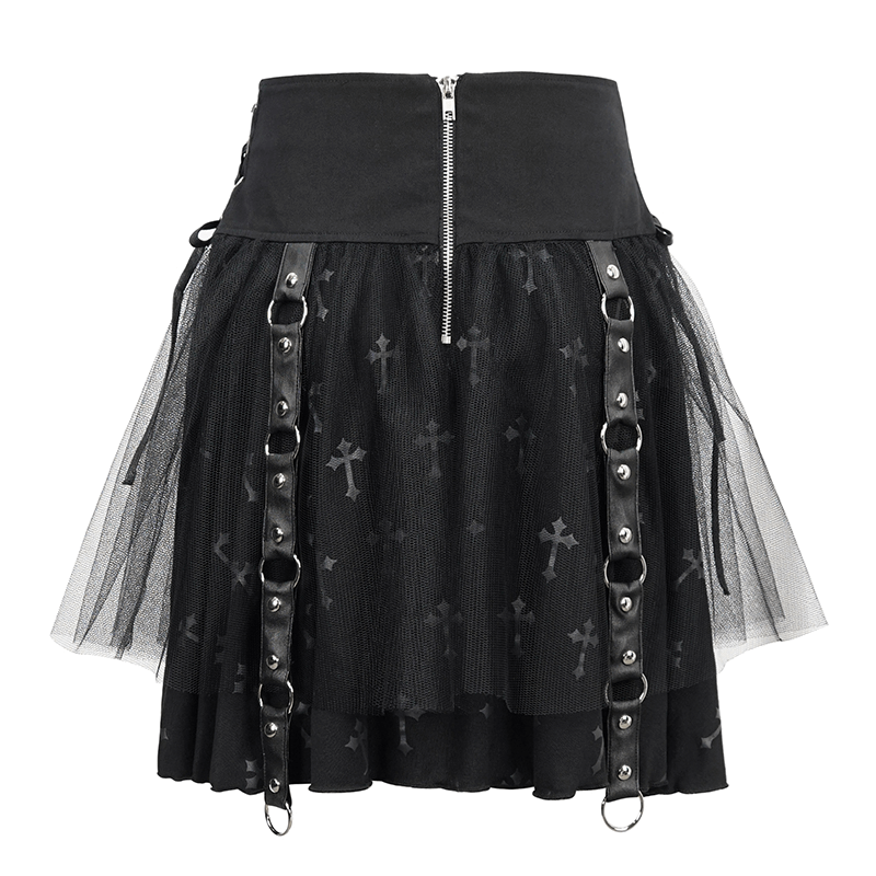 Stylish punk ladies black skirt with detachable metal chain and cross print, perfect for edgy fashion enthusiasts.