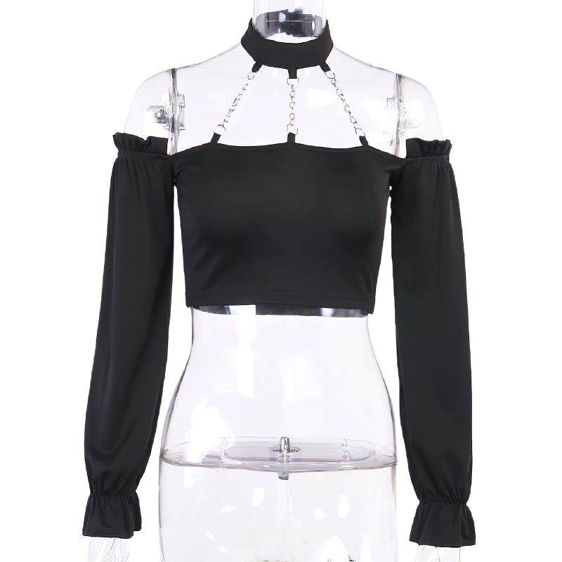 Dark Gothic Backless Top For Women / Long Sleeve Female Streetwear With Chain - HARD'N'HEAVY