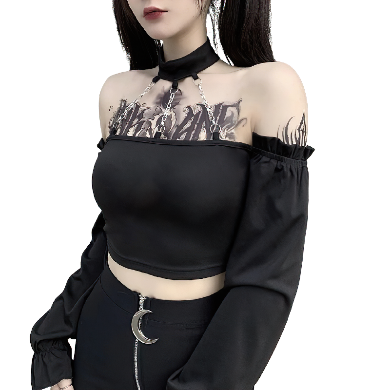 Dark Gothic Backless Top For Women / Long Sleeve Female Streetwear With Chain - HARD'N'HEAVY