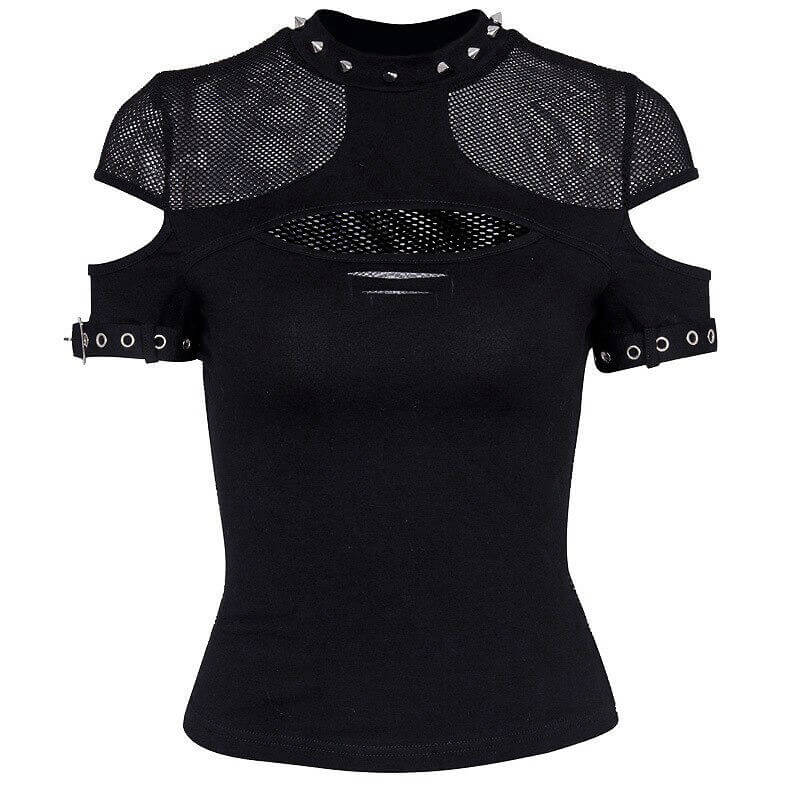 Dark grunge black mesh top with hollow out design, short sleeves, spikes, and gothic aesthetic for edgy fashion.