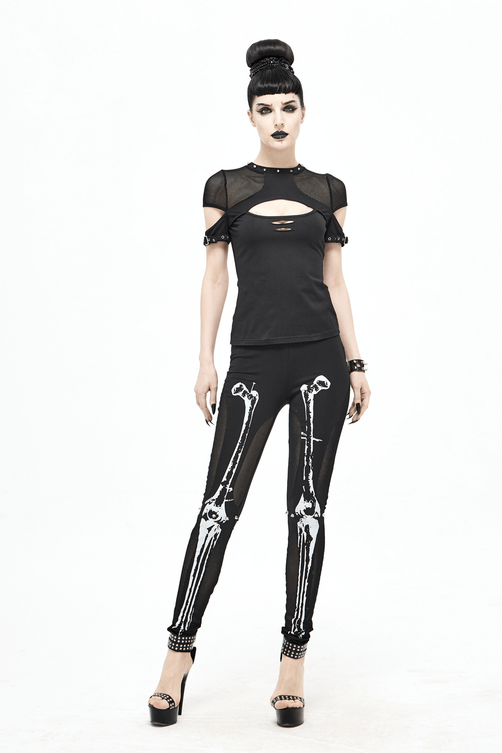 Dark grunge black mesh top with skeleton print leggings, perfect for gothic fashion enthusiasts.