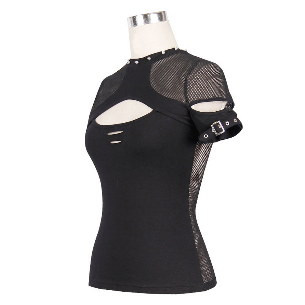 Elegant black gothic mesh t-shirt with hollow-out design and stylish spikes for edgy rock fashion.