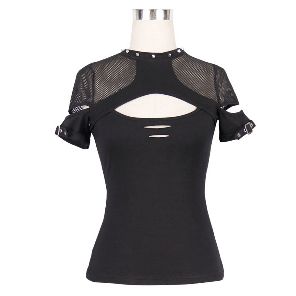 Dark grunge elegant black mesh T-shirt with hollow-out design and spikes for gothic fashion lovers.