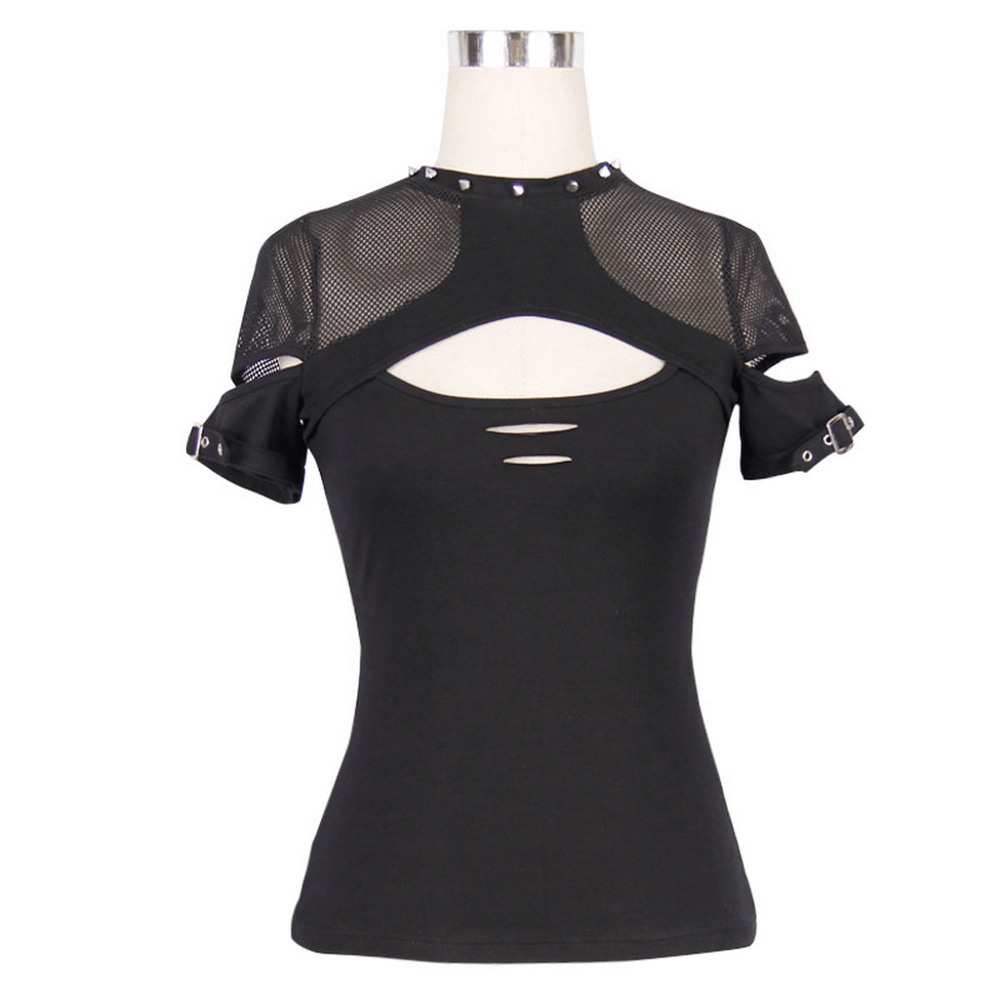 Dark Grunge Elegant Black T-shirts / Gothic Hollow Out Mesh Tops / Aesthetic Patchwork Tops - HARD'N'HEAVY