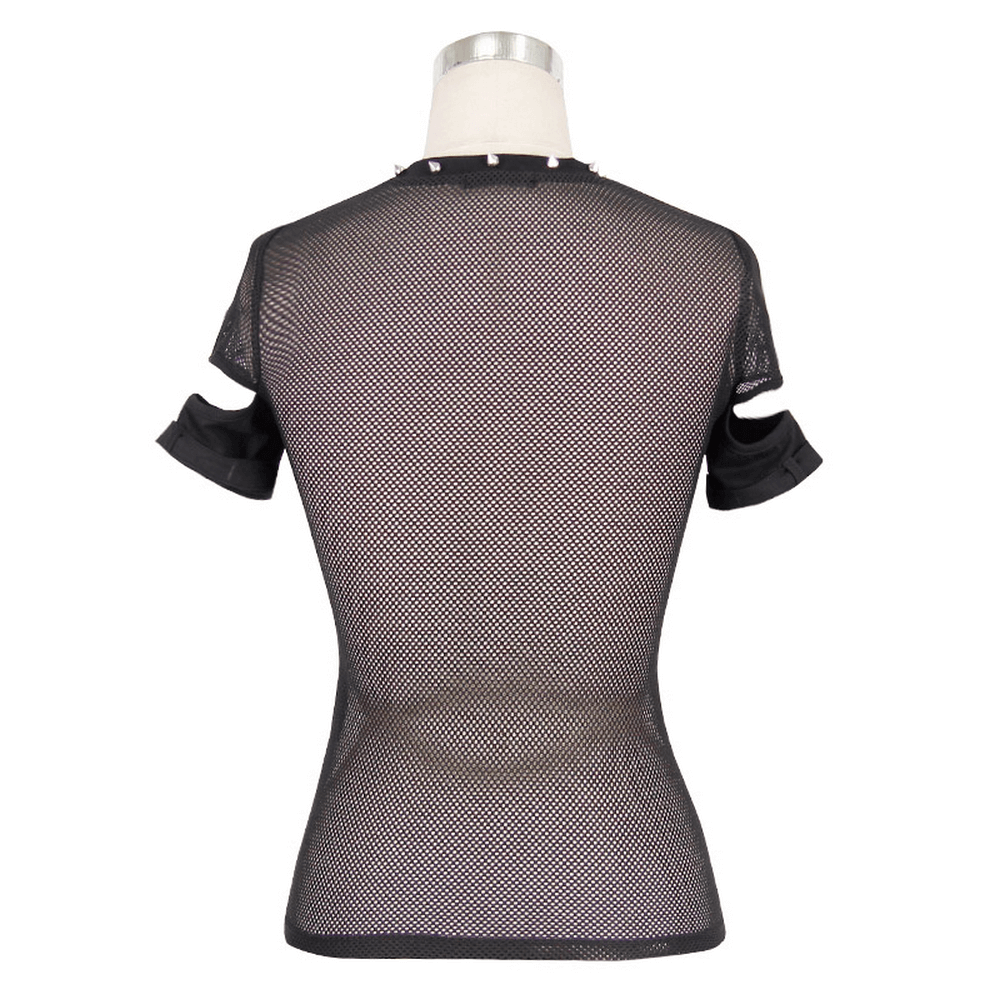 Back view of a dark grunge black mesh T-shirt with short sleeves and edgy spikes, perfect for gothic fashion lovers.