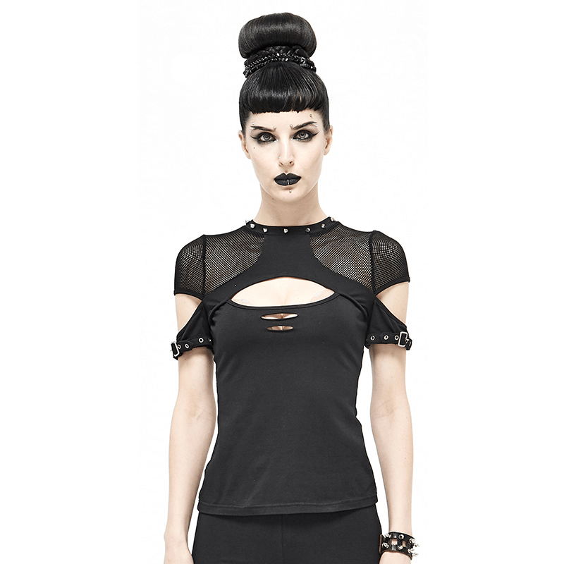 Model wearing a dark grunge elegant black mesh T-shirt with hollow-out details and spikes, showcasing gothic fashion style.
