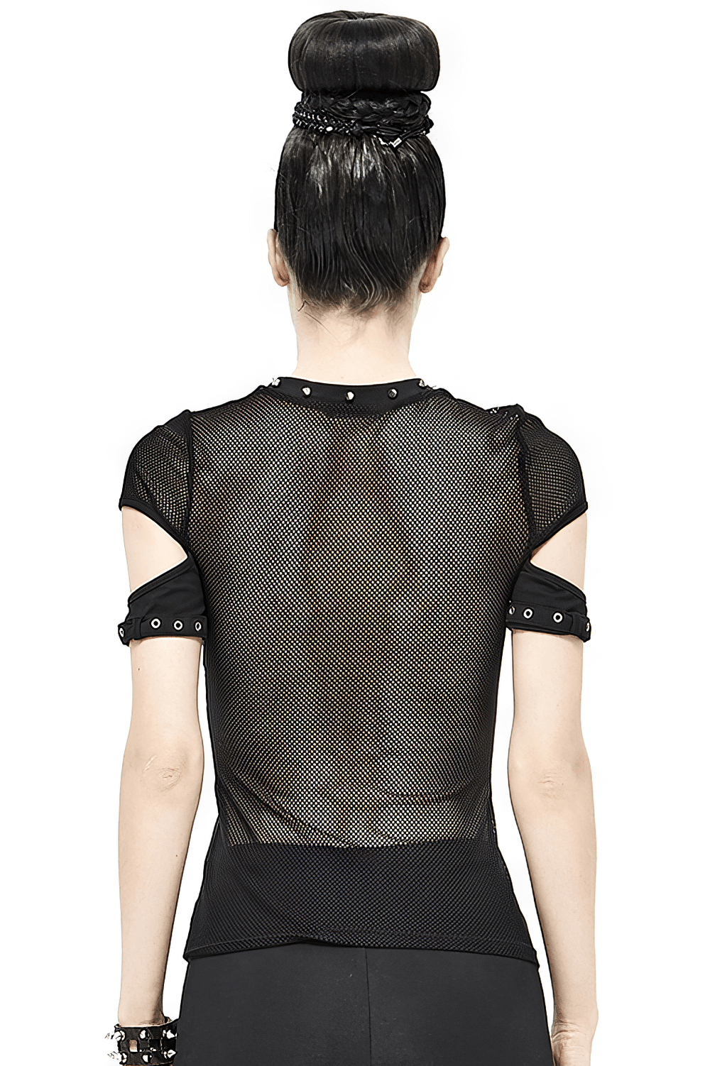 Back view of a dark grunge black mesh t-shirt with hollow-out sleeves and studded accents, perfect for gothic fashion.