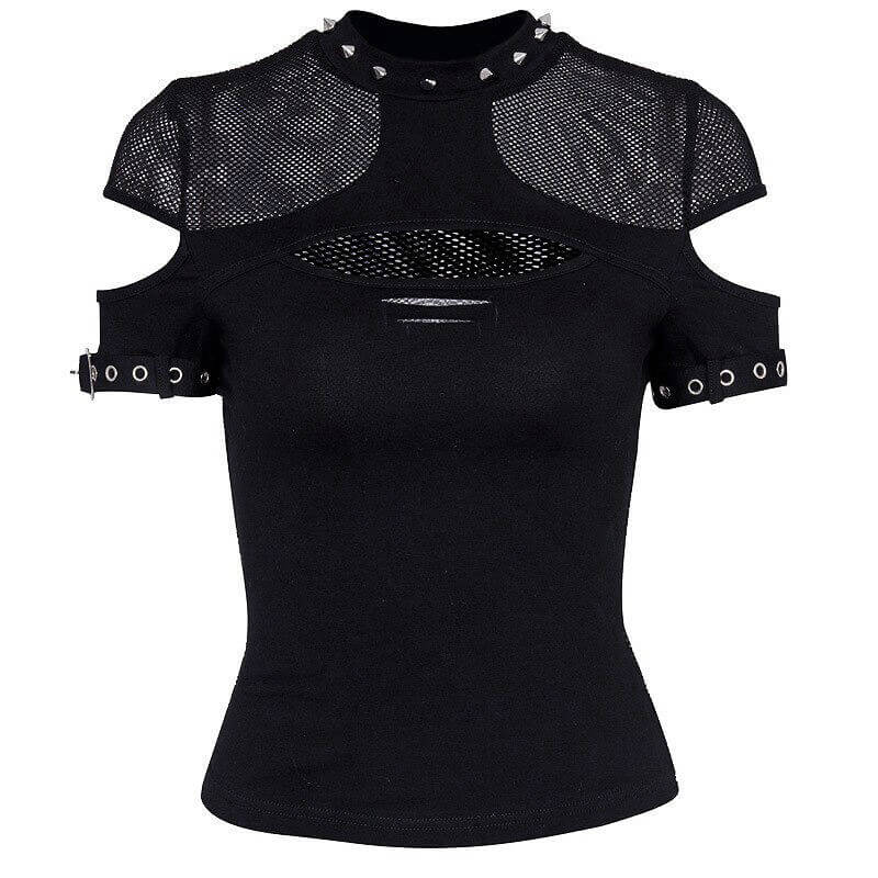 Dark Grunge Elegant Black T-shirts / Gothic Hollow Out Mesh Tops / Aesthetic Patchwork Tops - HARD'N'HEAVY