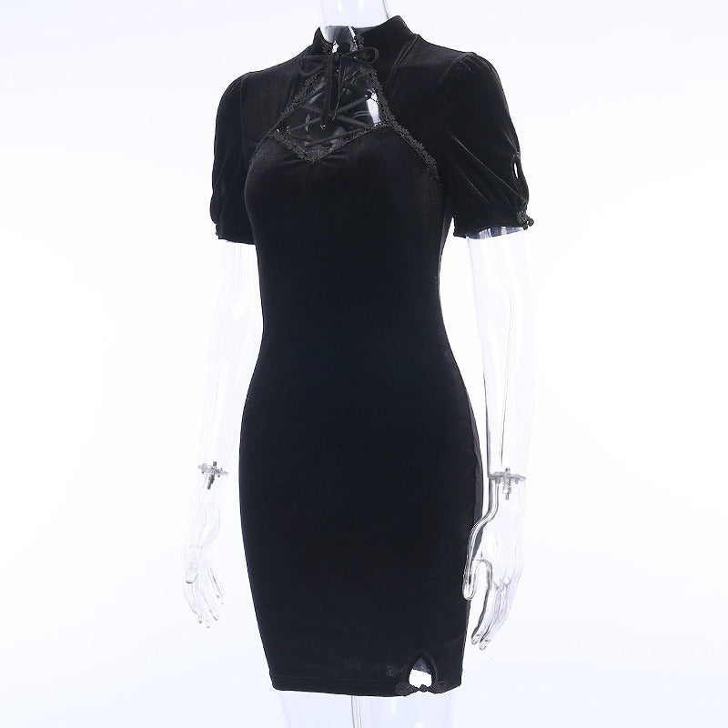A short sleeve black gothic dress with lace-up neckline, perfect for summer or spring evenings.