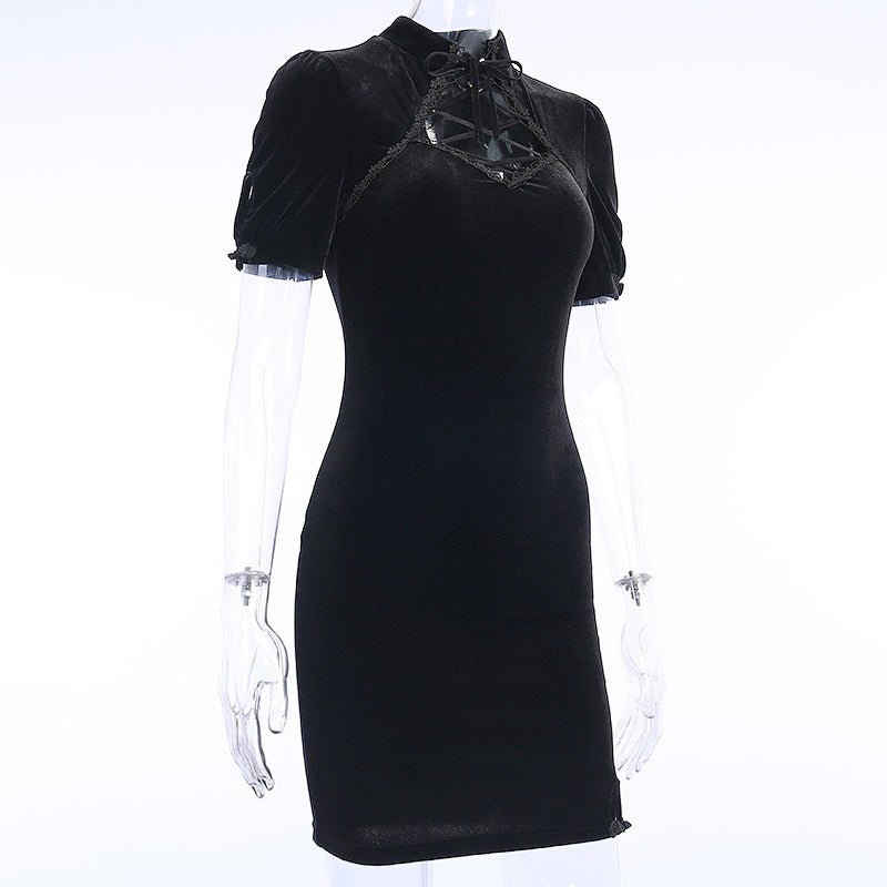 Black vintage gothic mini dress with short sleeves and lace-up neckline, perfect for summer or spring looks.