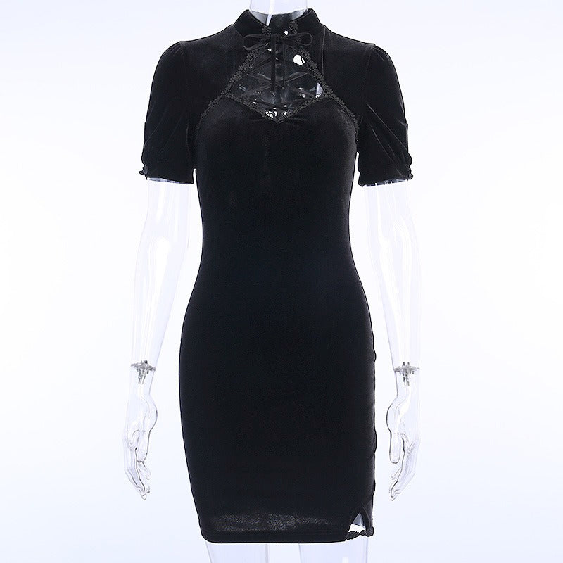 Dark vintage gothic black mini dress with lace-up neckline and short sleeves, perfect for summer and evening looks.