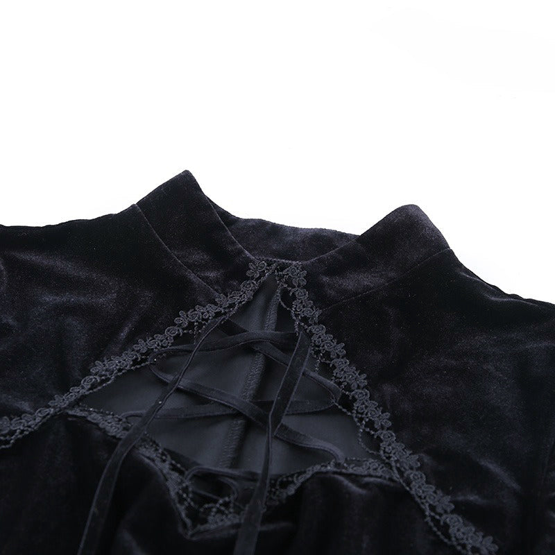 Close-up of the lace-up neckline detail on a black vintage gothic women's dress, showcasing its elegant design.
