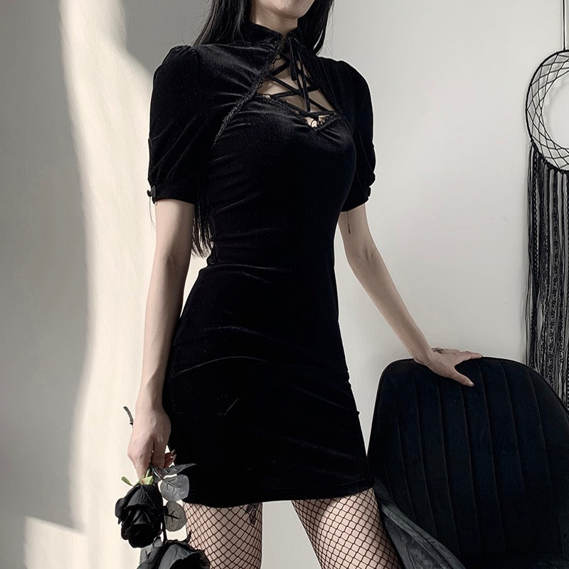 Black Gothic short sleeve dress with lace-up neckline, perfect for summer or spring outings.