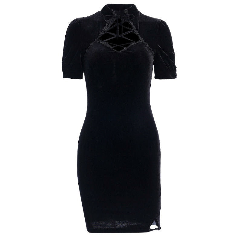 Black Gothic mini dress with short sleeves and lace-up neckline, perfect for summer or spring gothic aesthetic outfits.