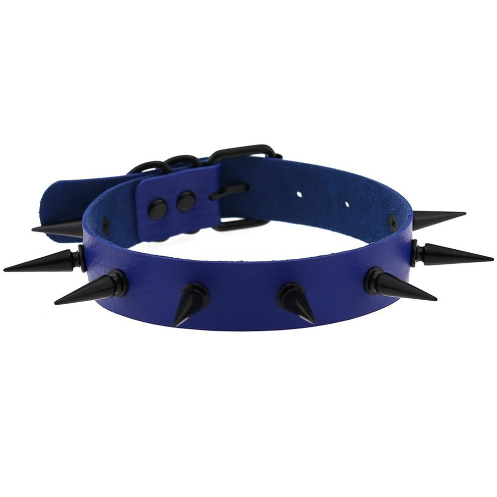 Dark Witch's spiked choker collar in blue, gothic style accessory with iron spikes, perfect for men and women.