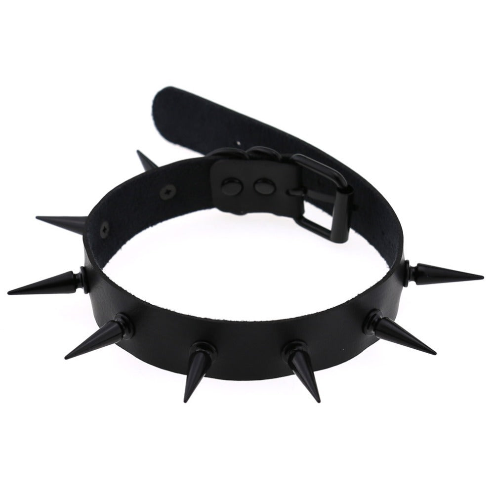 Dark Witch's Spiked Choker Collar with iron spikes, perfect for gothic fashion and rock outfits. Unisex adjustable design.