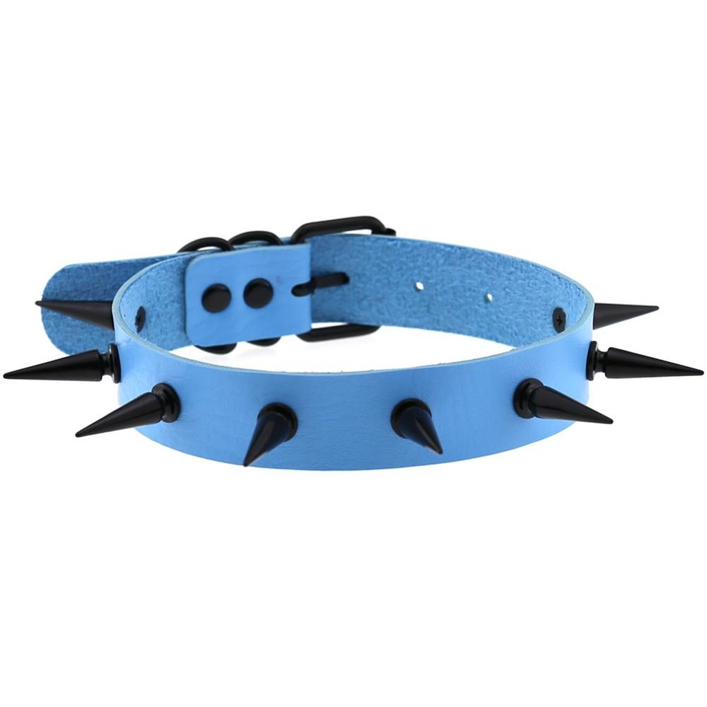 Unisex dark blue gothic spiked choker collar with black spikes, perfect for rock outfits and gothic accessories.