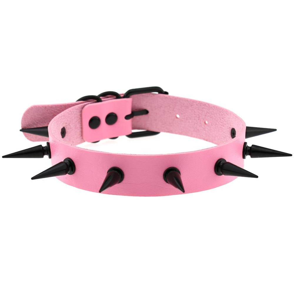 Pink gothic spiked choker collar with black spikes, perfect for unisex rock and goth fashion.