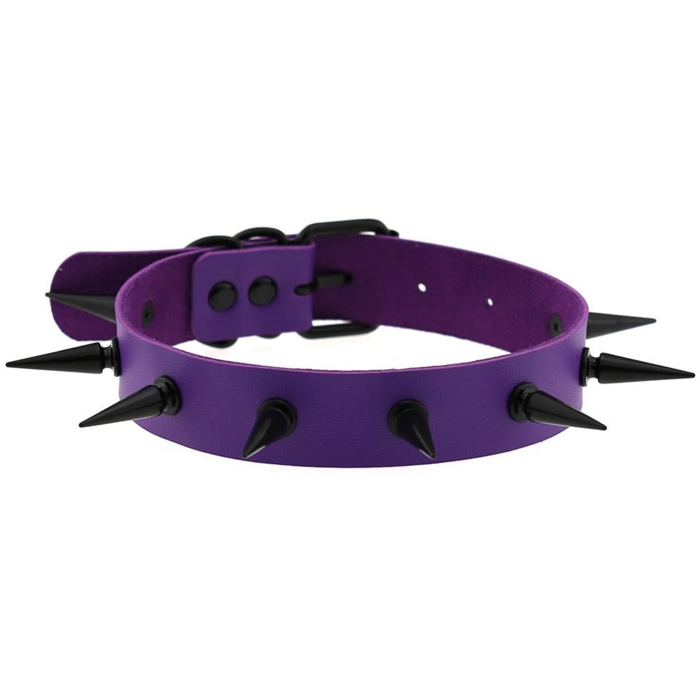 Purple gothic spiked choker collar with black spikes, perfect for unisex rock and goth style accessories.