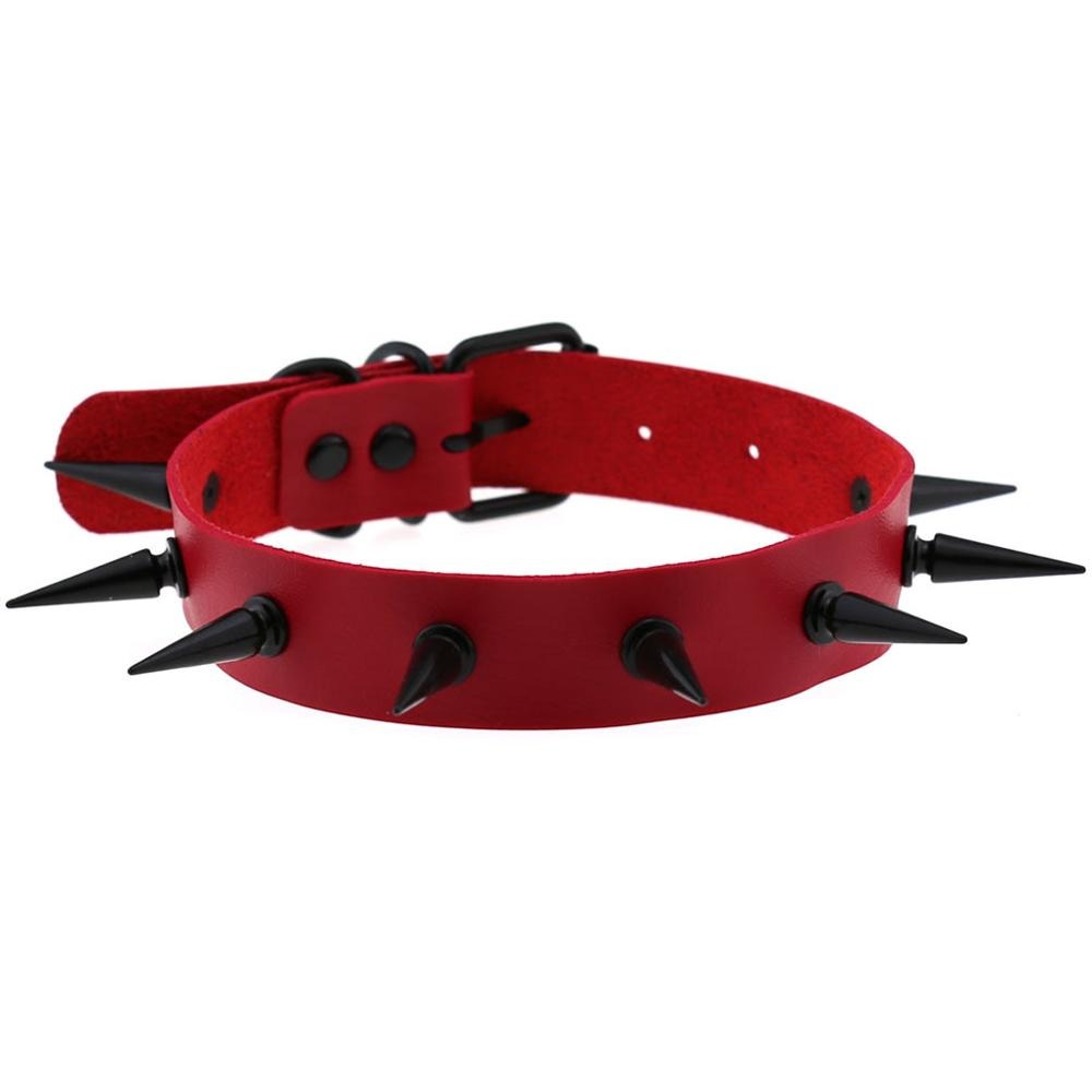 Red gothic spiked choker collar for men and women, perfect for adding a bold edge to any outfit.
