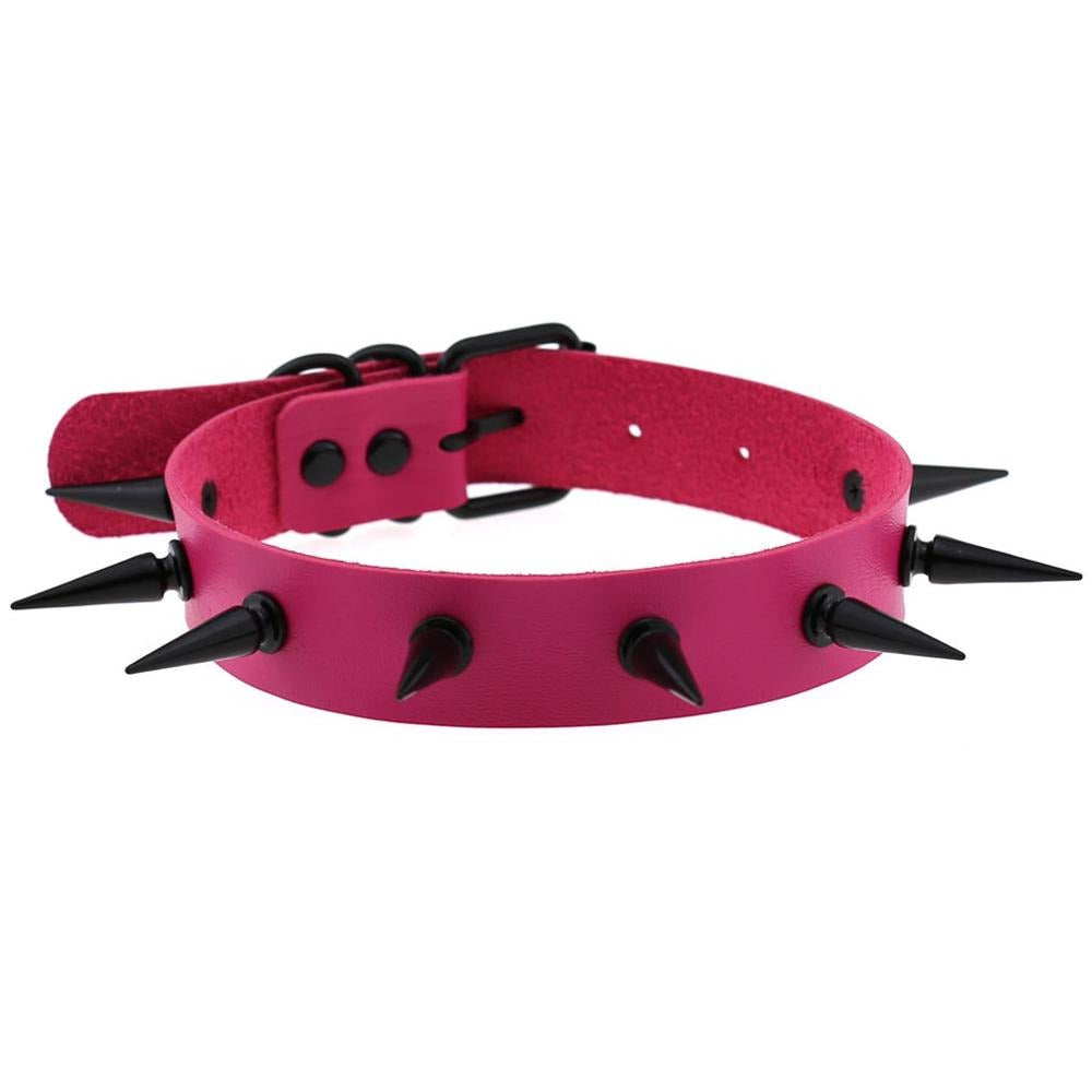 Unisex dark pink Gothic spiked choker collar with black spikes, perfect for rock outfits and alternative fashion.