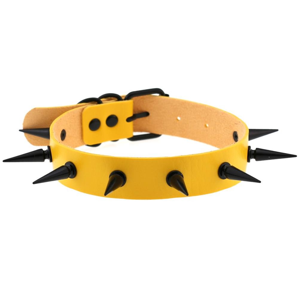 Unisex Gothic spiked choker collar in yellow, featuring iron spikes, perfect for goth or rock outfits.
