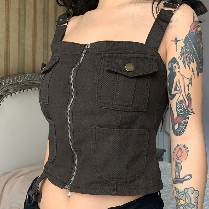 Vintage Denim Cropped Tank Top Summer Of Zipper / Female Clothing Of Adjustable Strap - HARD'N'HEAVY