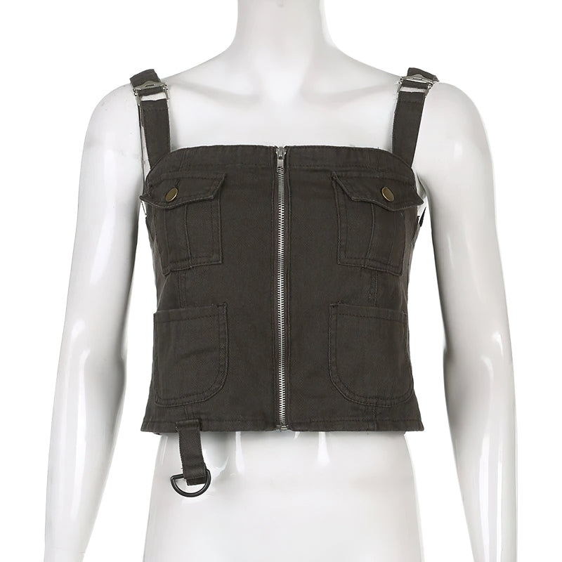 Vintage Denim Cropped Tank Top Summer Of Zipper / Female Clothing Of Adjustable Strap - HARD'N'HEAVY
