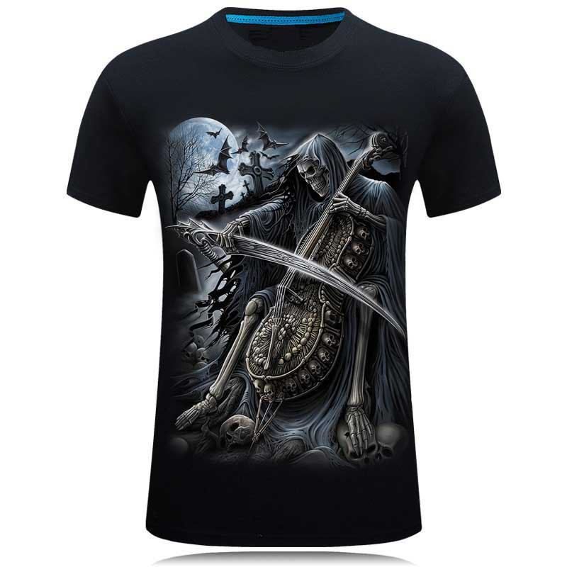 Death Design T-shirt featuring a Reaper Skull playing an instrument, perfect for rock and heavy-metal fans.