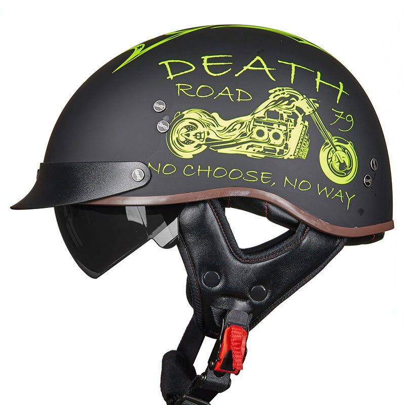 Death Road vintage half face biker helmet with green motorcycle print for safe riding.