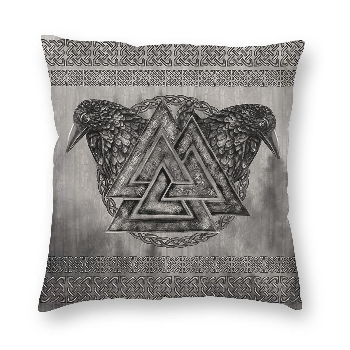 Decorative Viking pillow cover featuring Valknut symbol and ravens, double-sided for stunning aesthetic decor.