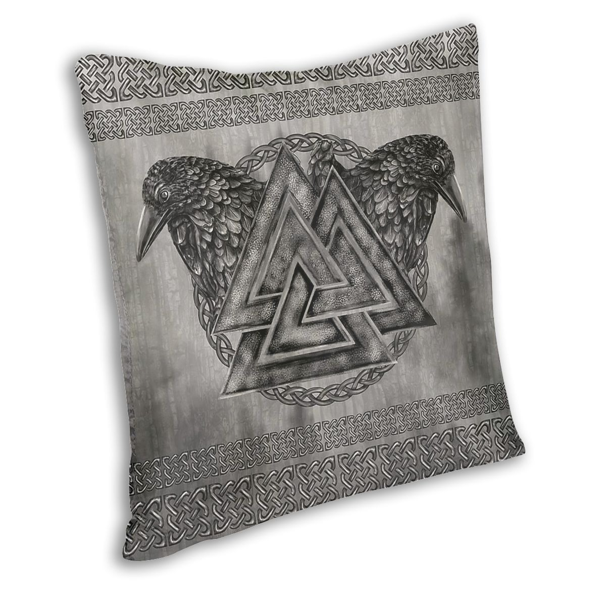 Decorative pillow cover featuring Valknut symbol and ravens in Viking style, double-sided print for home decor.