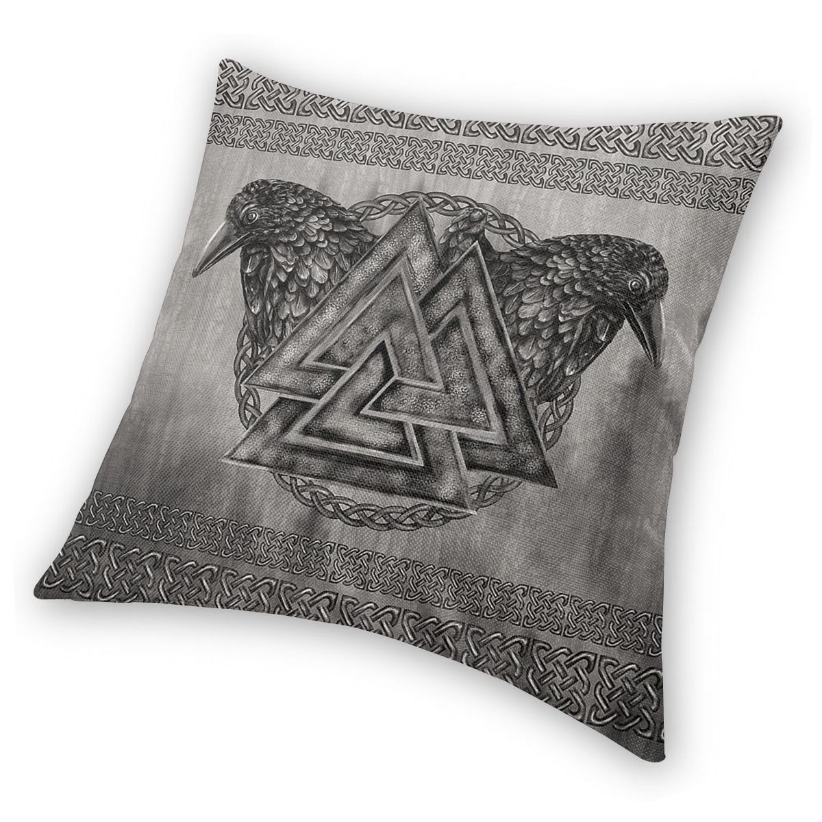 Decorative pillow cover featuring the Valknut symbol and two ravens in Viking style design.