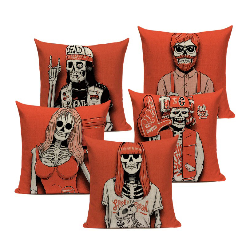 Decorative Pillowcase with Cartoon Skull Print / Square Cotton Pillow with Zipper - HARD'N'HEAVY