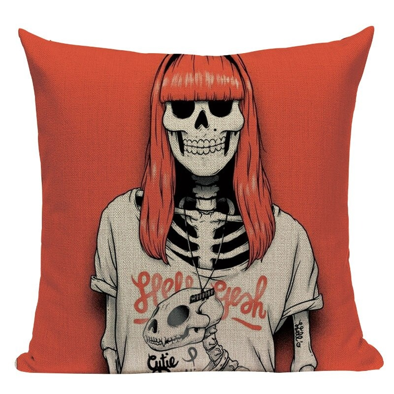 Decorative Pillowcase with Cartoon Skull Print / Square Cotton Pillow with Zipper - HARD'N'HEAVY