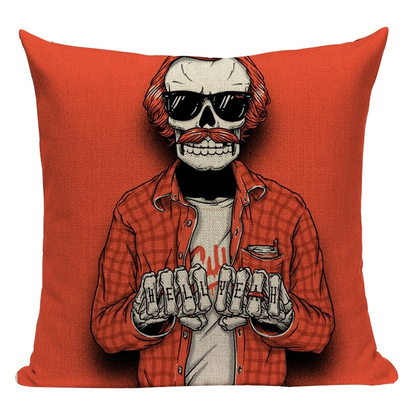 Decorative square pillowcase with cartoon skull print featuring a skeleton in sunglasses and a plaid shirt.