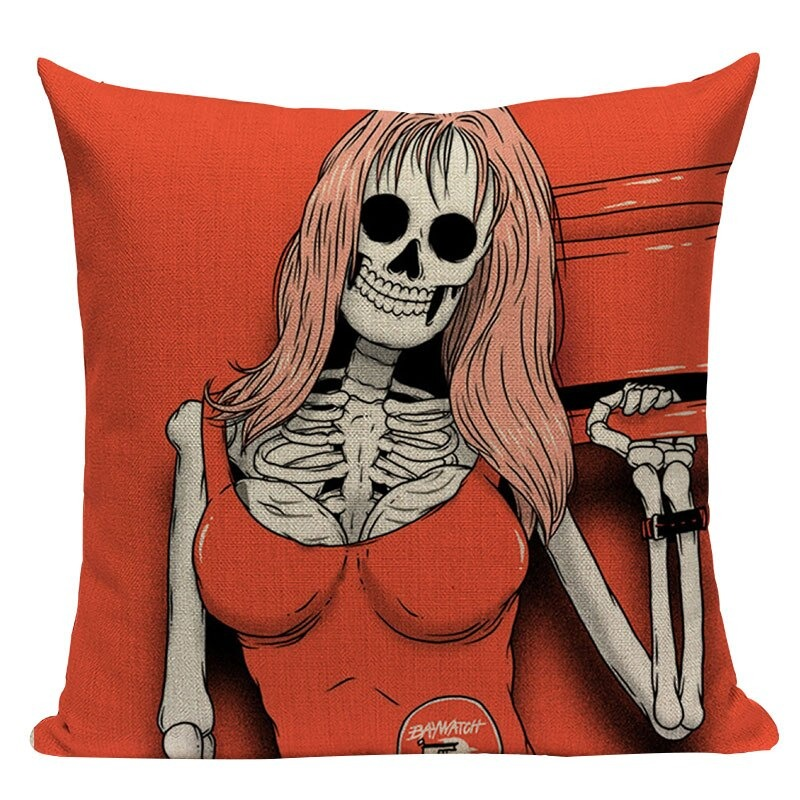 Decorative pillowcase featuring a cartoon skeleton woman with pink hair on an orange background, perfect for alternative decor.