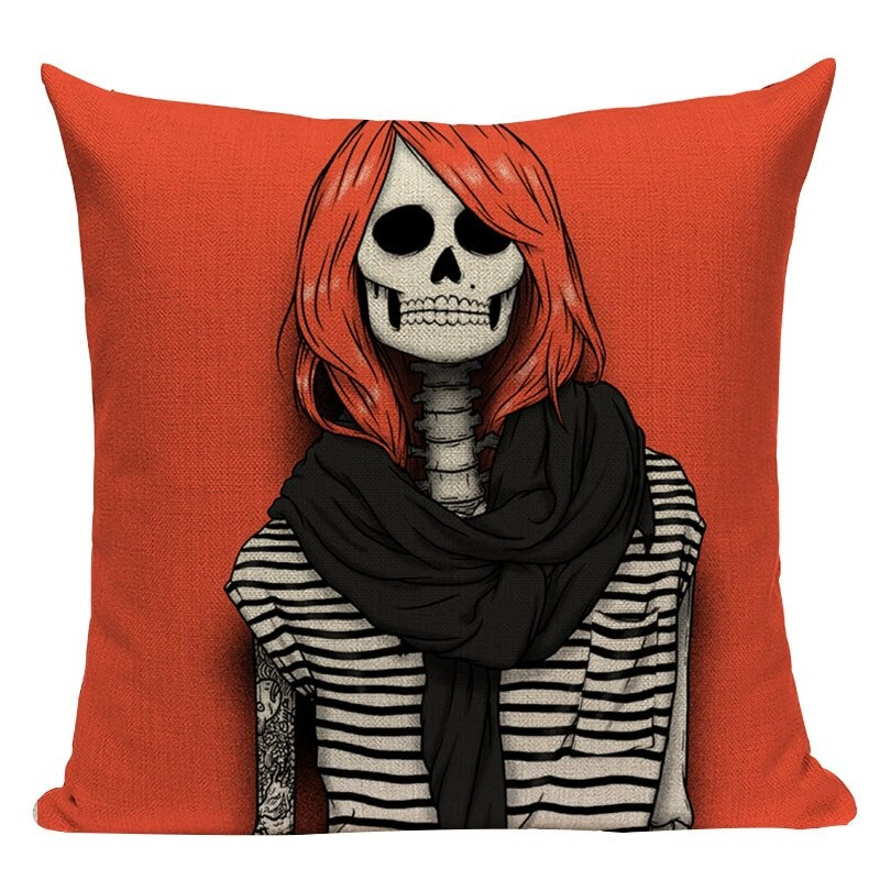 Decorative pillowcase featuring a cartoon skeleton with red hair, perfect for alternative home decor.