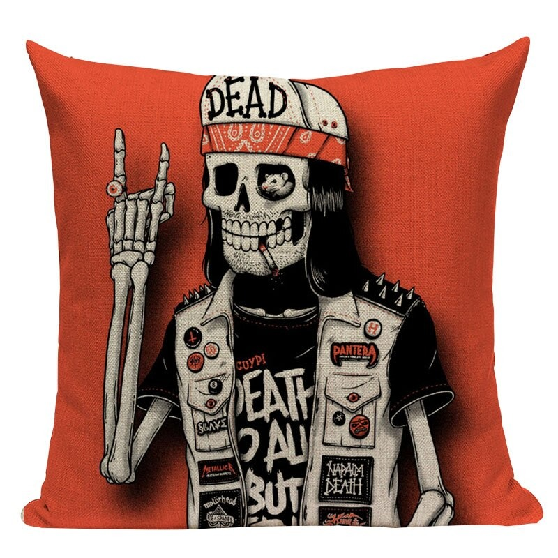 Decorative pillowcase with cartoon skull print featuring a rock skeleton in a vibrant orange background.
