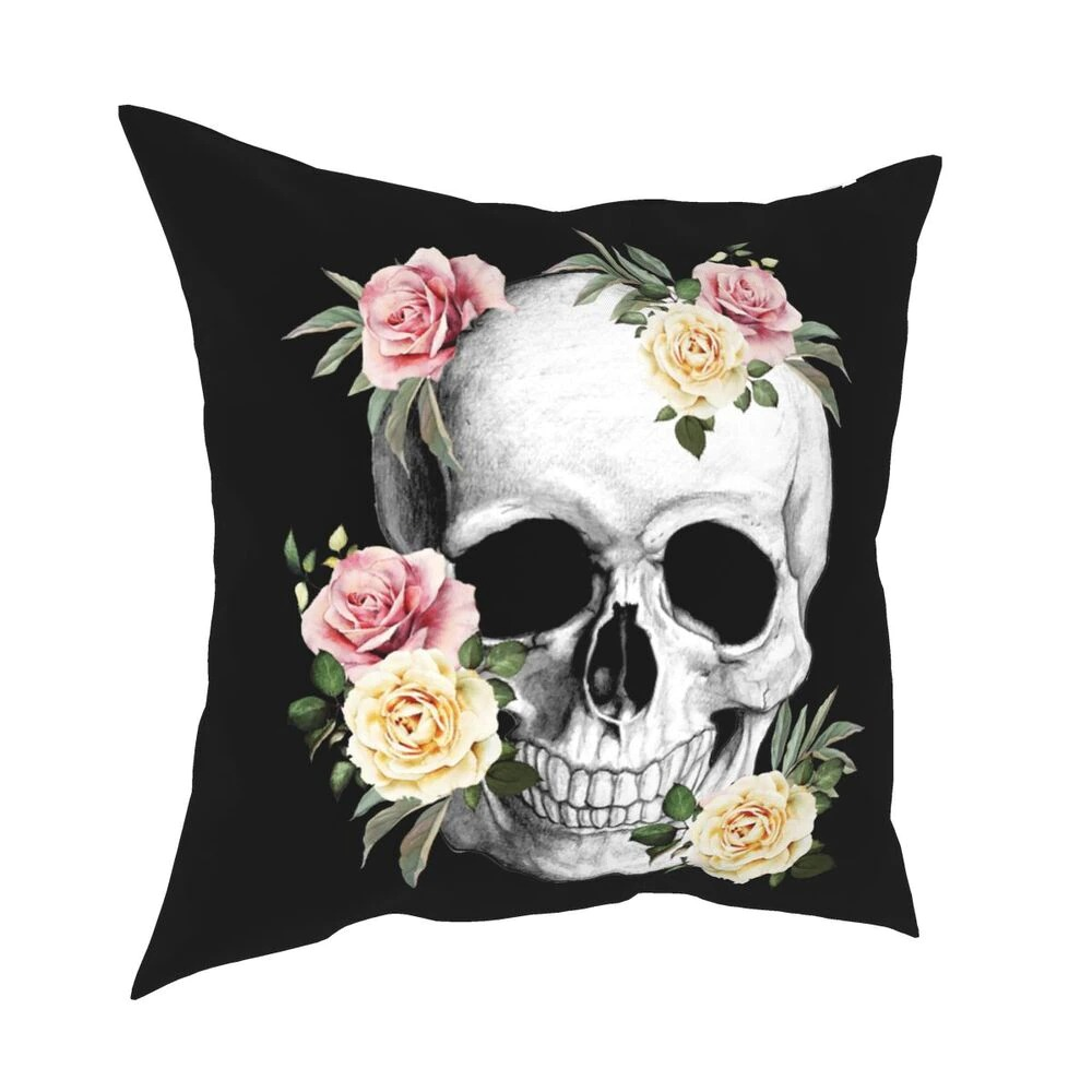 Decorative black pillowcase featuring skull and roses print, perfect for gothic home decor.