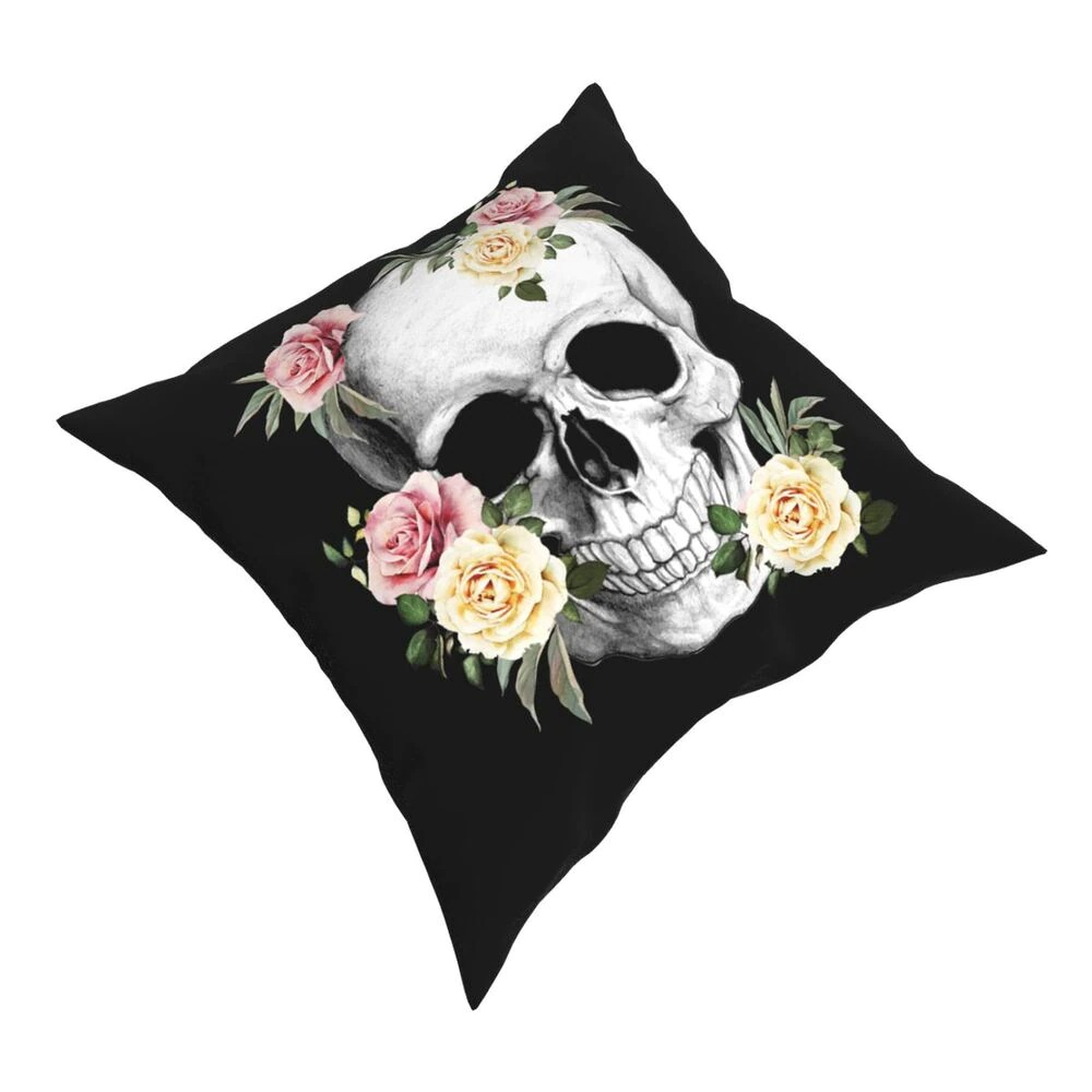 Decorative pillowcase with skull and roses print, gothic style for home and car decoration.