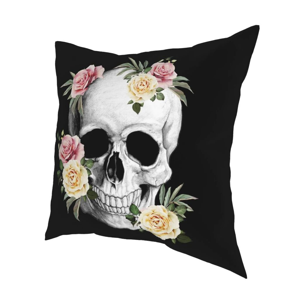 Decorative pillowcase with skull and roses design on a black background, perfect for gothic home decor.