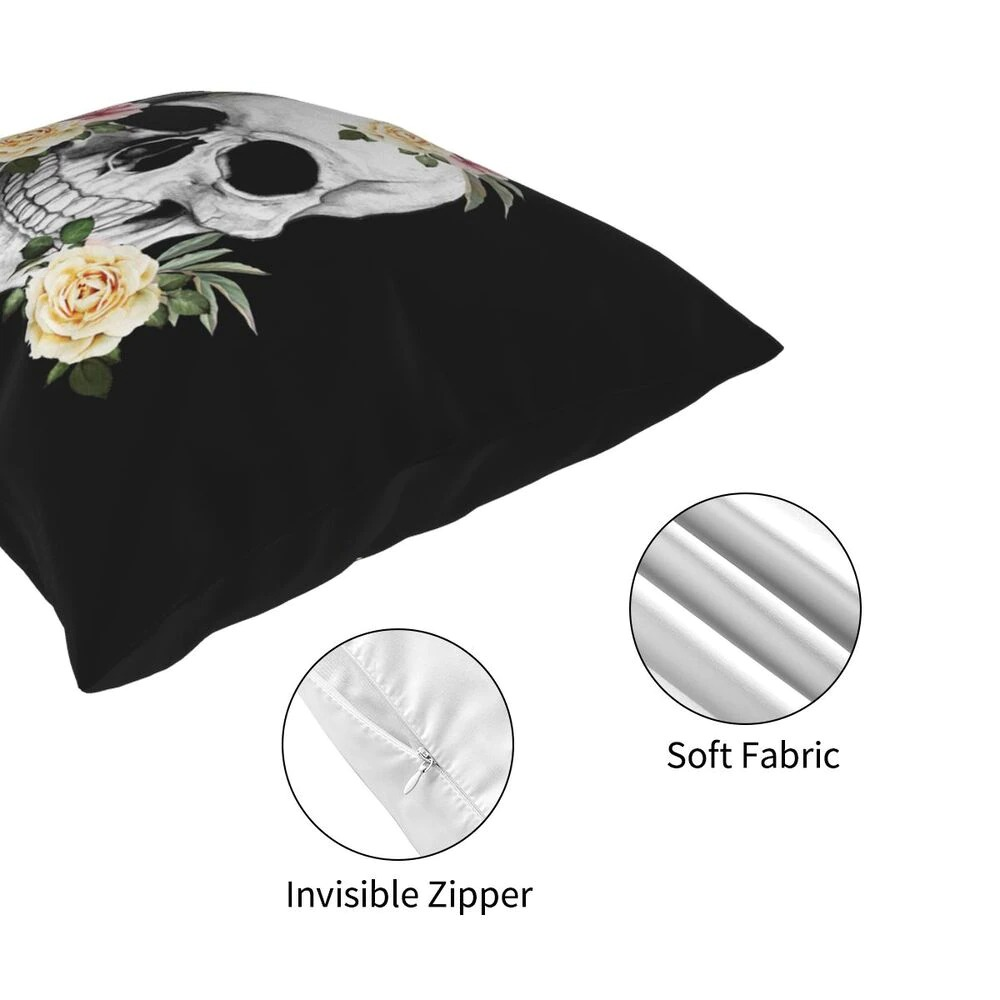 Decorative pillowcase with skull and roses print, featuring invisible zipper and soft fabric, perfect for gothic decor.