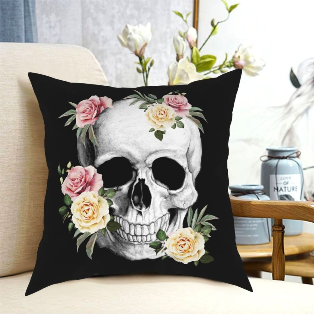 Decorative pillowcase featuring a skull and roses print, perfect for gothic home decor and car accessories.