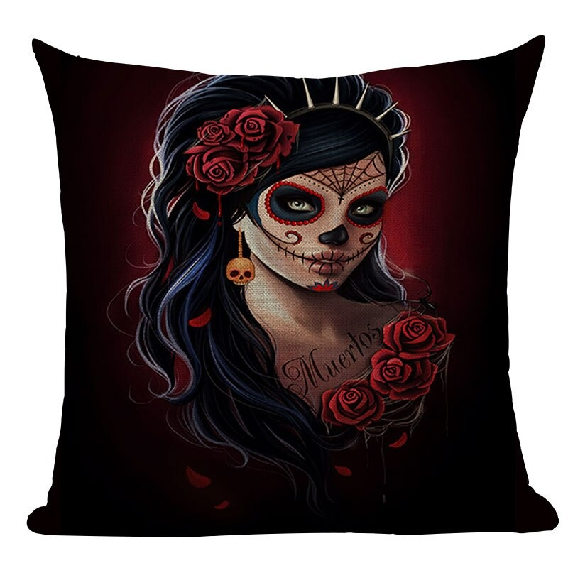 Decorative Pillowcase with Skull Printed / Linen Black Pillow with Hidden Zipper - HARD'N'HEAVY