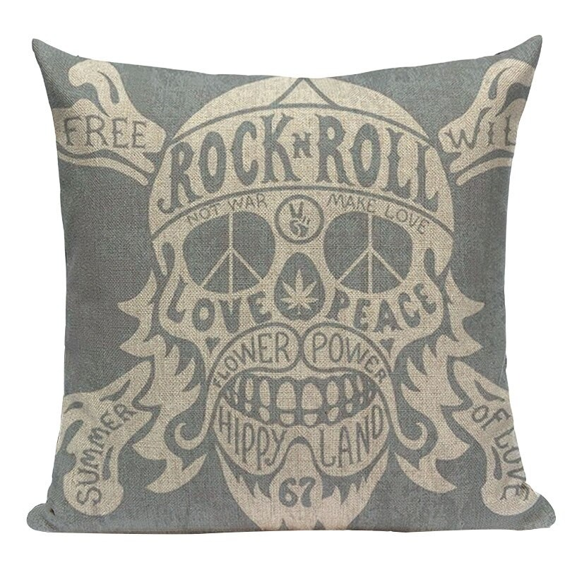 Decorative pillowcase featuring a skull print with rock 'n' roll and peace symbols, ideal for a stylish room decor.