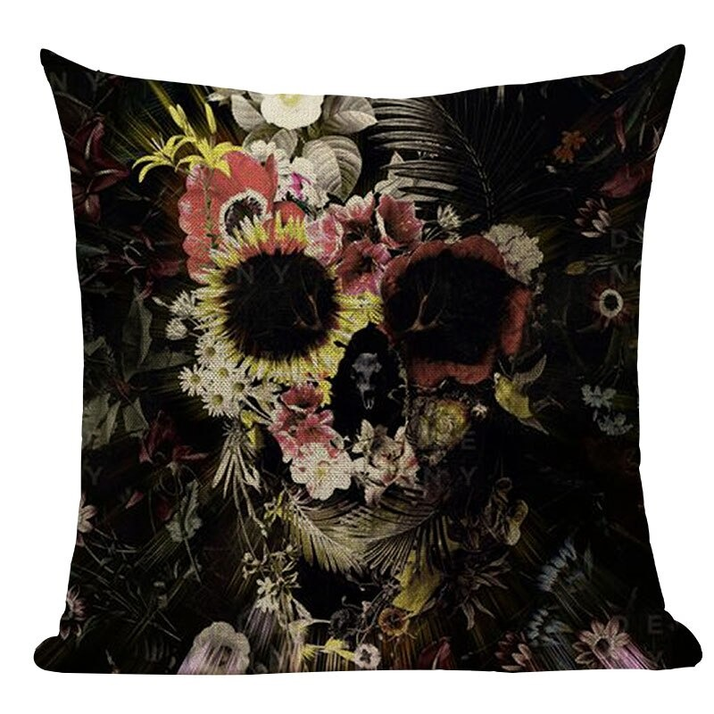 Decorative pillowcase featuring a colorful skull print surrounded by tropical flowers on a dark background.