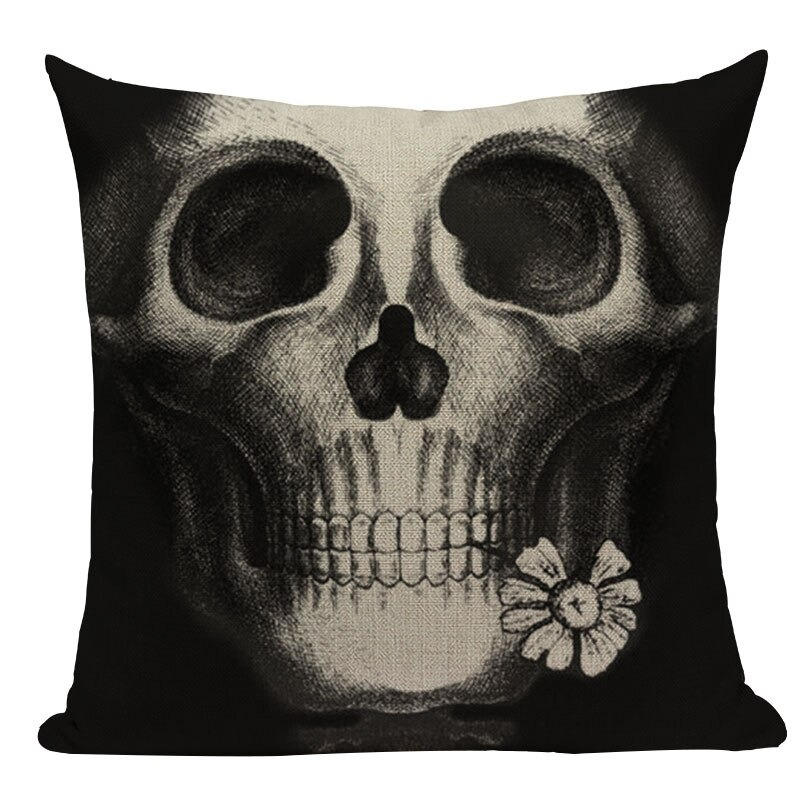 Black skull printed pillowcase featuring a floral accent, perfect for adding a unique touch to any room.